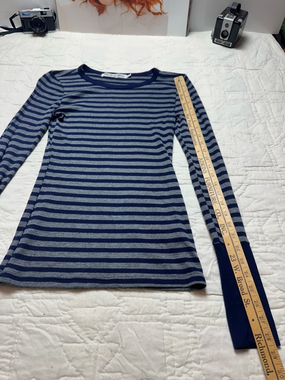 Y2K Michael Stars Stripe Knit Tee | Navy Gray Fitted Minimalist Long Sleeve - Picture 7 of 11